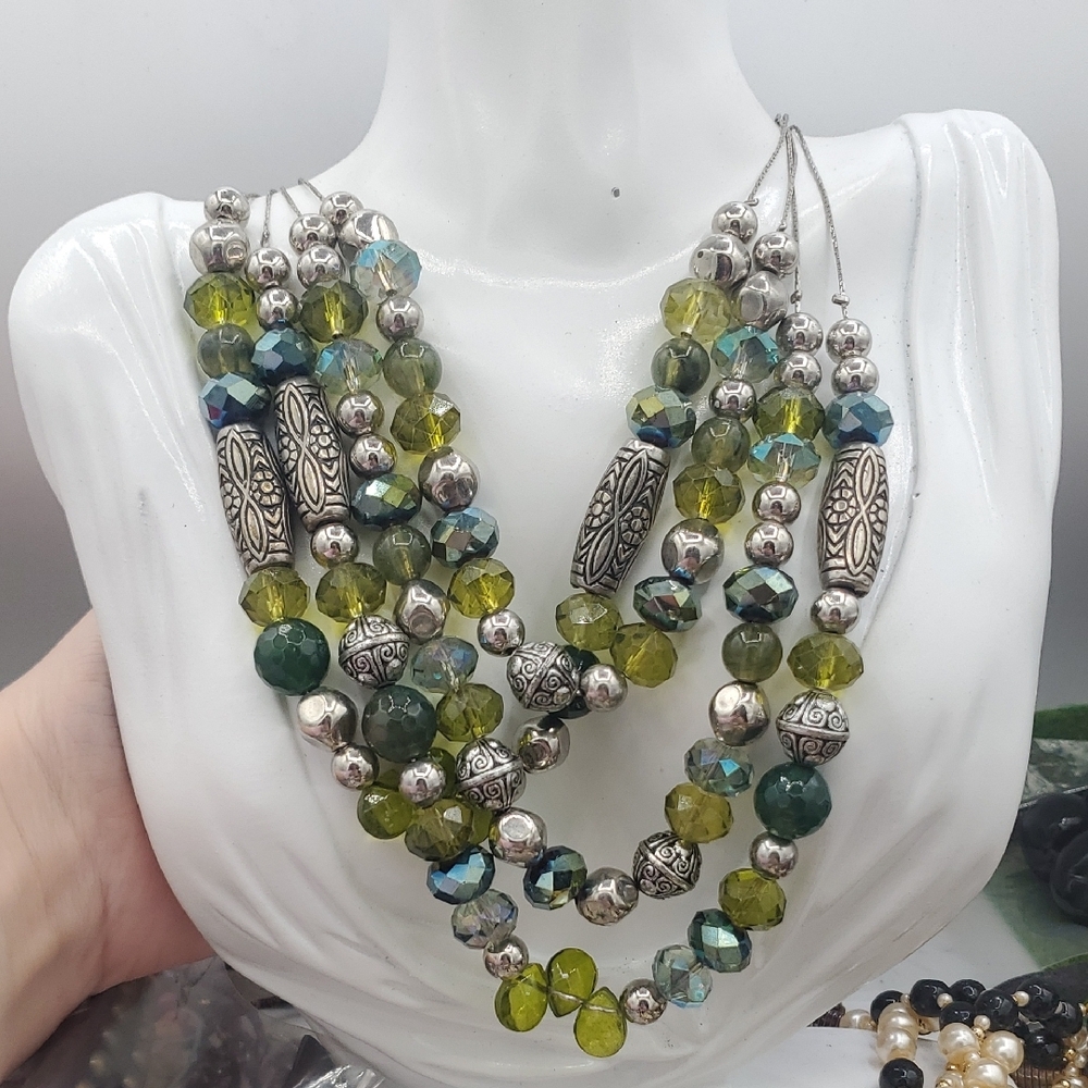 Multi-Strand Green Crystal Bead Statement Necklace - 26 Inch N3915
